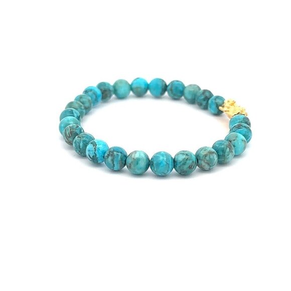 18K Gold Pixiu Piyao Bracelet Natural Gemstones Turquoise 6mm Elastic Bracelet - Picture 5 of 5